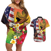 Personalised United States And Hawaii Couples Matching Off Shoulder Short Dress and Hawaiian Shirt USA Eagle With Hawaiian Shark Tattoo - Wonder Print Shop