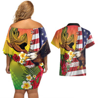 Personalised United States And Hawaii Couples Matching Off Shoulder Short Dress and Hawaiian Shirt USA Eagle With Hawaiian Shark Tattoo - Wonder Print Shop