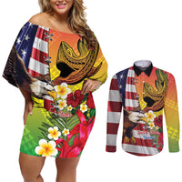 Personalised United States And Hawaii Couples Matching Off Shoulder Short Dress and Long Sleeve Button Shirt USA Eagle With Hawaiian Shark Tattoo - Wonder Print Shop
