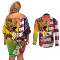 Personalised United States And Hawaii Couples Matching Off Shoulder Short Dress and Long Sleeve Button Shirt USA Eagle With Hawaiian Shark Tattoo - Wonder Print Shop