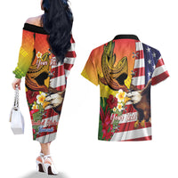 Personalised United States And Hawaii Couples Matching Off The Shoulder Long Sleeve Dress and Hawaiian Shirt USA Eagle With Hawaiian Shark Tattoo - Wonder Print Shop
