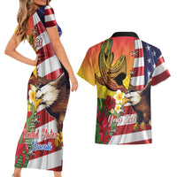 Personalised United States And Hawaii Couples Matching Short Sleeve Bodycon Dress and Hawaiian Shirt USA Eagle With Hawaiian Shark Tattoo - Wonder Print Shop