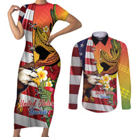 Personalised United States And Hawaii Couples Matching Short Sleeve Bodycon Dress and Long Sleeve Button Shirt USA Eagle With Hawaiian Shark Tattoo - Wonder Print Shop