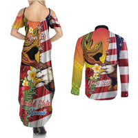 Personalised United States And Hawaii Couples Matching Summer Maxi Dress and Long Sleeve Button Shirt USA Eagle With Hawaiian Shark Tattoo - Wonder Print Shop