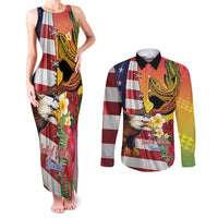 Personalised United States And Hawaii Couples Matching Tank Maxi Dress and Long Sleeve Button Shirt USA Eagle With Hawaiian Shark Tattoo - Wonder Print Shop