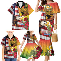 Personalised United States And Hawaii Family Matching Mermaid Dress and Hawaiian Shirt USA Eagle With Hawaiian Shark Tattoo - Wonder Print Shop