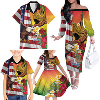 Personalised United States And Hawaii Family Matching Off The Shoulder Long Sleeve Dress and Hawaiian Shirt USA Eagle With Hawaiian Shark Tattoo - Wonder Print Shop