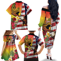 Personalised United States And Hawaii Family Matching Off The Shoulder Long Sleeve Dress and Hawaiian Shirt USA Eagle With Hawaiian Shark Tattoo - Wonder Print Shop