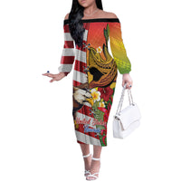 Personalised United States And Hawaii Family Matching Off The Shoulder Long Sleeve Dress and Hawaiian Shirt USA Eagle With Hawaiian Shark Tattoo - Wonder Print Shop