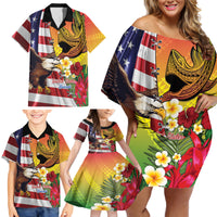 Personalised United States And Hawaii Family Matching Off Shoulder Short Dress and Hawaiian Shirt USA Eagle With Hawaiian Shark Tattoo - Wonder Print Shop