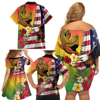 Personalised United States And Hawaii Family Matching Off Shoulder Short Dress and Hawaiian Shirt USA Eagle With Hawaiian Shark Tattoo - Wonder Print Shop