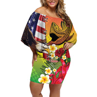 Personalised United States And Hawaii Family Matching Off Shoulder Short Dress and Hawaiian Shirt USA Eagle With Hawaiian Shark Tattoo - Wonder Print Shop