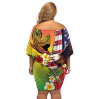 Personalised United States And Hawaii Family Matching Off Shoulder Short Dress and Hawaiian Shirt USA Eagle With Hawaiian Shark Tattoo - Wonder Print Shop