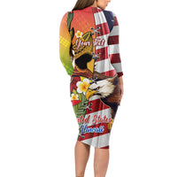 Personalised United States And Hawaii Long Sleeve Bodycon Dress USA Eagle With Hawaiian Shark Tattoo - Wonder Print Shop