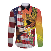 Personalised United States And Hawaii Long Sleeve Button Shirt USA Eagle With Hawaiian Shark Tattoo - Wonder Print Shop
