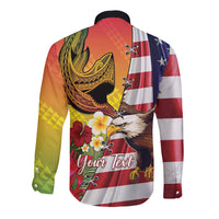Personalised United States And Hawaii Long Sleeve Button Shirt USA Eagle With Hawaiian Shark Tattoo - Wonder Print Shop