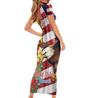 Personalised United States And Hawaii Short Sleeve Bodycon Dress USA Eagle With Hawaiian Shark Tattoo - Wonder Print Shop
