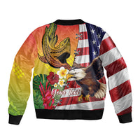 Personalised United States And Hawaii Sleeve Zip Bomber Jacket USA Eagle With Hawaiian Shark Tattoo - Wonder Print Shop
