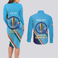 Personalised India Cricket Couples Matching Long Sleeve Bodycon Dress and Long Sleeve Button Shirt 2025 Men In Blue 3rd Champions Proud