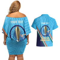 Personalised India Cricket Couples Matching Off Shoulder Short Dress and Hawaiian Shirt 2025 Men In Blue 3rd Champions Proud