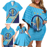 Personalised India Cricket Family Matching Off Shoulder Short Dress and Hawaiian Shirt 2025 Men In Blue 3rd Champions Proud