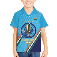 Personalised India Cricket Family Matching Off Shoulder Short Dress and Hawaiian Shirt 2025 Men In Blue 3rd Champions Proud