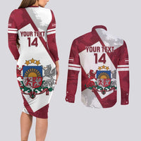 Latvia Hockey Custom Couples Matching Long Sleeve Bodycon Dress and Long Sleeve Button Shirt Hedgehog Par Latviju!