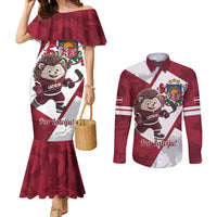 Latvia Hockey Custom Couples Matching Mermaid Dress and Long Sleeve Button Shirt Hedgehog Par Latviju!