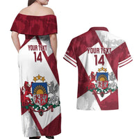 Latvia Hockey Custom Couples Matching Off Shoulder Maxi Dress and Hawaiian Shirt Hedgehog Par Latviju!