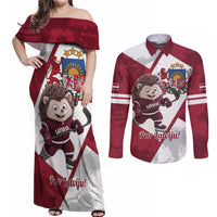 Latvia Hockey Custom Couples Matching Off Shoulder Maxi Dress and Long Sleeve Button Shirt Hedgehog Par Latviju!