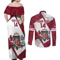 Latvia Hockey Custom Couples Matching Off Shoulder Maxi Dress and Long Sleeve Button Shirt Hedgehog Par Latviju!