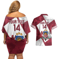 Latvia Hockey Custom Couples Matching Off Shoulder Short Dress and Hawaiian Shirt Hedgehog Par Latviju!