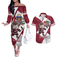 Latvia Hockey Custom Couples Matching Off The Shoulder Long Sleeve Dress and Hawaiian Shirt Hedgehog Par Latviju!