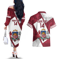 Latvia Hockey Custom Couples Matching Off The Shoulder Long Sleeve Dress and Hawaiian Shirt Hedgehog Par Latviju!