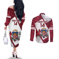 Latvia Hockey Custom Couples Matching Off The Shoulder Long Sleeve Dress and Long Sleeve Button Shirt Hedgehog Par Latviju!