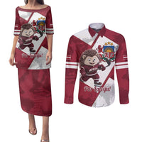 Latvia Hockey Custom Couples Matching Puletasi and Long Sleeve Button Shirt Hedgehog Par Latviju!