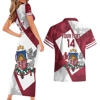 Latvia Hockey Custom Couples Matching Short Sleeve Bodycon Dress and Hawaiian Shirt Hedgehog Par Latviju!