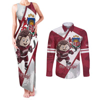 Latvia Hockey Custom Couples Matching Tank Maxi Dress and Long Sleeve Button Shirt Hedgehog Par Latviju!