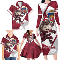 Latvia Hockey Custom Family Matching Long Sleeve Bodycon Dress and Hawaiian Shirt Hedgehog Par Latviju!