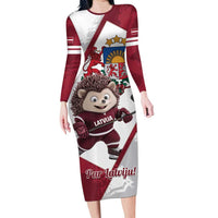 Latvia Hockey Custom Family Matching Long Sleeve Bodycon Dress and Hawaiian Shirt Hedgehog Par Latviju!
