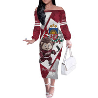 Latvia Hockey Custom Family Matching Off The Shoulder Long Sleeve Dress and Hawaiian Shirt Hedgehog Par Latviju!