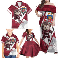 Latvia Hockey Custom Family Matching Off Shoulder Maxi Dress and Hawaiian Shirt Hedgehog Par Latviju!