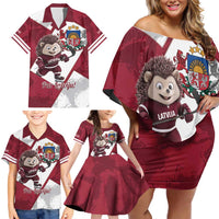 Latvia Hockey Custom Family Matching Off Shoulder Short Dress and Hawaiian Shirt Hedgehog Par Latviju!