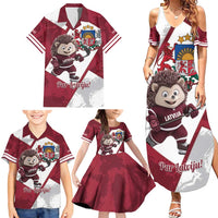 Latvia Hockey Custom Family Matching Summer Maxi Dress and Hawaiian Shirt Hedgehog Par Latviju!