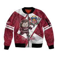 Latvia Hockey Custom Sleeve Zip Bomber Jacket Hedgehog Par Latviju!