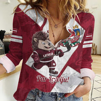 Latvia Hockey Custom Women Casual Shirt Hedgehog Par Latviju!