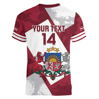 Latvia Hockey Custom Women V-Neck T-Shirt Hedgehog Par Latviju!