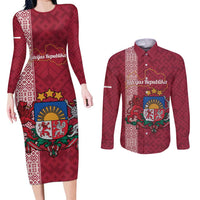 Personalised Latvia Couples Matching Long Sleeve Bodycon Dress and Long Sleeve Button Shirt Latvijas Republika Folk Pattern
