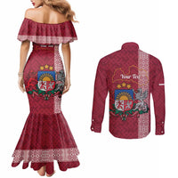 Personalised Latvia Couples Matching Mermaid Dress and Long Sleeve Button Shirt Latvijas Republika Folk Pattern