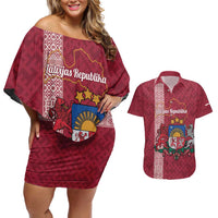 Personalised Latvia Couples Matching Off Shoulder Short Dress and Hawaiian Shirt Latvijas Republika Folk Pattern